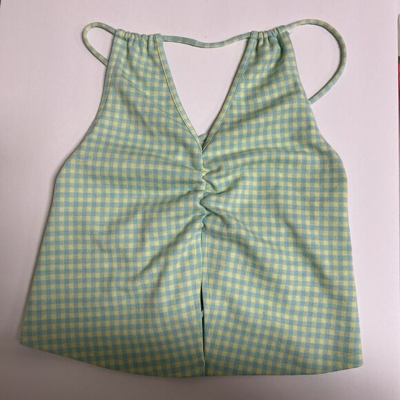 Elodie Gingham Halter Top XL Green Yellow Ruched Crop Tank Y2K Festival Cami - Picture 2 of 10
